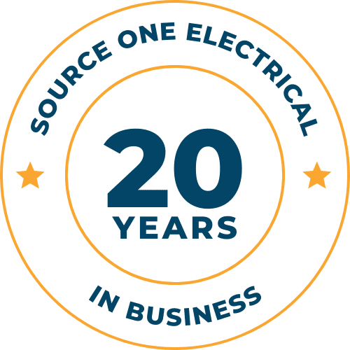 1 (2) Circular badge reading "Source One Electrical, 20 Years in Business" with two stars on each side.